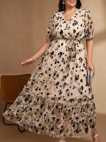 SHEIN Clasi Plus Size Women Long Sleeve Mesh & Flocked Dress, Elegant Summer Dress, Suitable For Outdoor Wear Fall Women Clothes Fall Clothes Autumn Business Casual - Multicolor - View 4