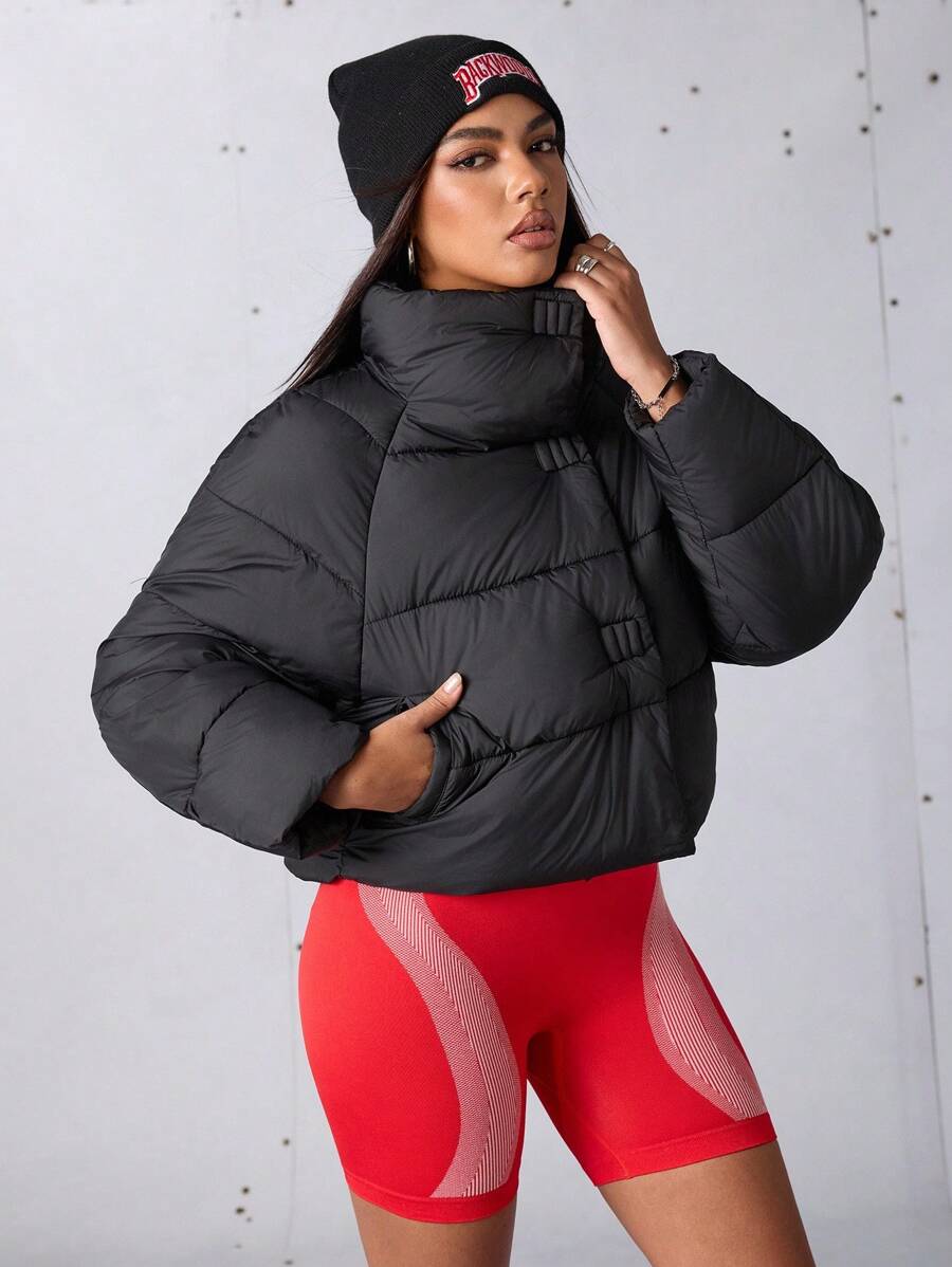 SHEIN Sports 女士运动冬季外套秋冬、毕业、返校服装、返校羽绒夹克保暖夹克夹棉夹克绗缝大衣黑色羽绒夹克 - 黑色 - 查看 1