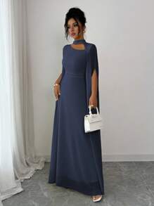 Elenzga Váy đi biển phong cách Pháp lãng mạn thanh lịch dành cho nữ, vải voan mỏng, cổ khoét sâu, dây buộc chéo sau lưng, chân váy maxi xòe, tay dài, xẻ tà, thích hợp cho tiệc trà chiều, tiệc tùng, phong cách Trung Đông, xuân/hè - Màu xanh hải quân - Xem 5