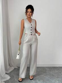 Chiquease Women Summer Striped Single-Breasted Suit Vest And Pants Loose Casual Daily Workwear Set - Khaki - View 6