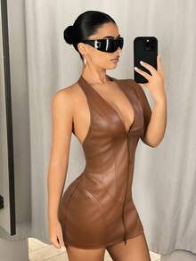 SHEIN ICON 深 V 领挂脖拉链前身修身迷你 PU 连衣裙 - 棕色 - 查看 5