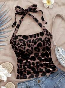 Soleia Women's Vacation Halter Bodycon Full Leopard Pattern Tank Top, Suitable For Summer