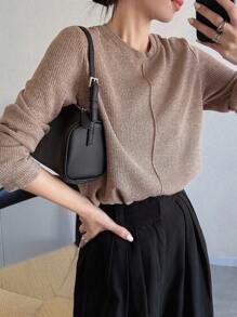 FRIFUL Women's Solid Khaki Round Neck Long Sleeve Loose Casual Versatile T-Shirt, Autumn