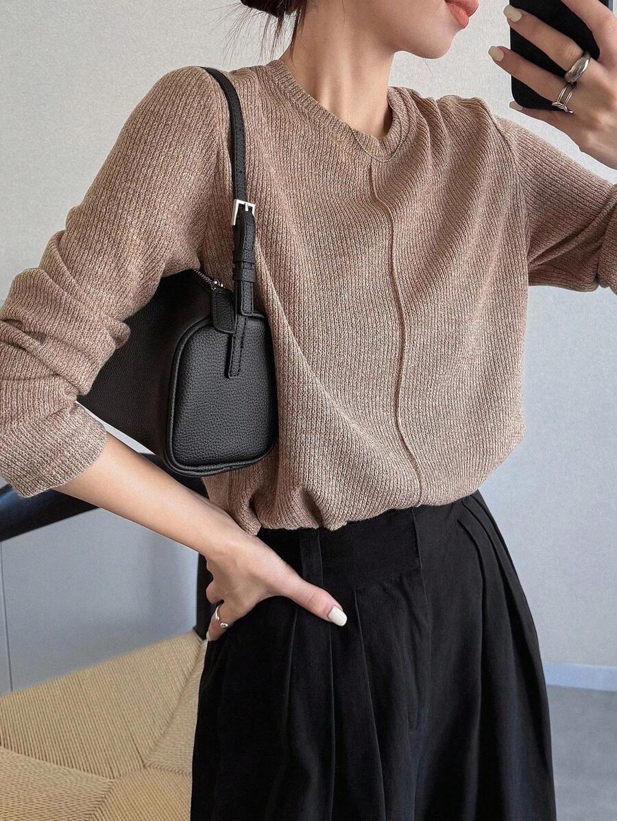 FRIFUL Women's Solid Khaki Round Neck Long Sleeve Loose Casual Versatile T-Shirt, Autumn