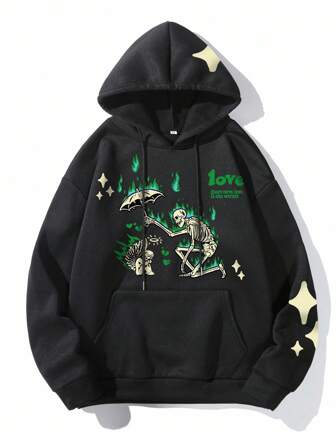 Goth Herren Lässiger Street Skelett Cartoon & Slogan Muster Loose Fit Hoodie mit Kängurutasche und Kordelzug, Halloween