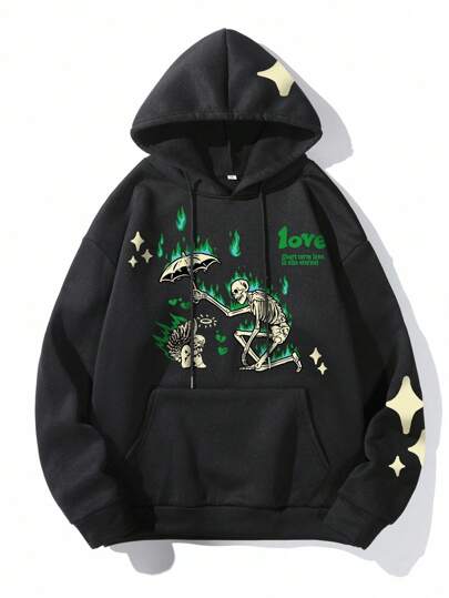 Goth Sudadera con capucha holgada de bolsillo con cordón, estampado de esqueleto de dibujos animados y eslogan, estilo casual de calle para hombre, Halloween
