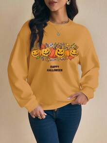 Shutterstock Glamance Damen Slogan Kürbis Muster Rundhals Dropped Shoulder Langarm Lässig Sweatshirt Halloween Sweatshirt Süßer Sweatshirt Kürbis Sweatshirt Basis Tops Winter - Orange - Übersicht 5