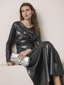 Uhlyne 女士简约度假连衣裙，V 领长袖手工褶裥系带裹腰连衣裙，金属灰色，秋季