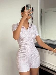 Chiquease Bộ đồ liền thân kẻ caro cài nút thoải mái, dễ mặc cho nữ, trang phục mùa hè, phù hợp cho trường đại học - Hồng - Xem 6