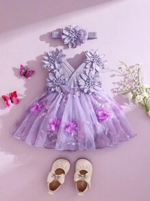 SHEIN Infant Baby Girls Sweet Elegant Gorgeous Adorable 3D Flower Embroidered Purple Tulle Princess Dress Outfit With Headband, Suitable For 0-9M Newborn Babies, Fits Birthday, Memorial Day, Photo Shoot, Flower Girl For Wedding, Outdoor Activities, Holiday Celebration - Purple - View 4