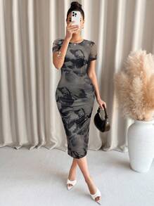 Lavishia Grön blommig klänning med rund halsringning och kort ärm för kvinnor - Grå - Visa 4