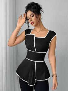 SHEIN Clasi 女士下摆收腰短袖时尚优雅衬衫 - 黑色 - 查看 5