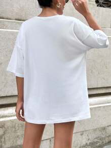 EURMUSE 女士花卉刺绣圆领落肩宽松休闲 T 恤 - 白色 - 查看 2