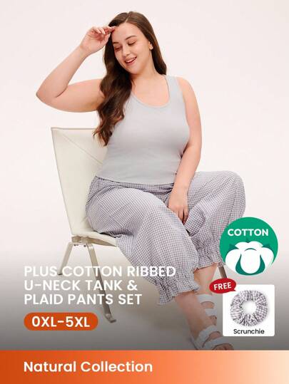 LUVLETTE Plus Women Gray Tank Casual Tops & Cotton Plaid Patterned Lounge Pants Cute Pajama Sets Pants With Pockets Lingerie As Outerwear Cozy At Home Checks And Balances Also Suitable For Teen Girl & Young & Kid