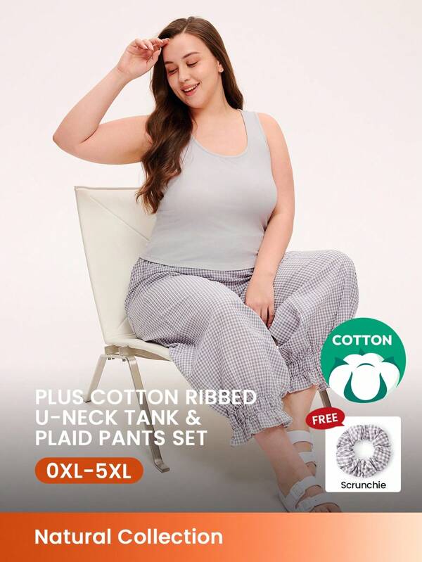 LUVLETTE Conjunto de pijama de mujer talla grande con top de tirantes gris casual y pantalón de franela a cuadros para estar en casa cómoda. Adecuado también para adolescentes y niñas jóvenes.