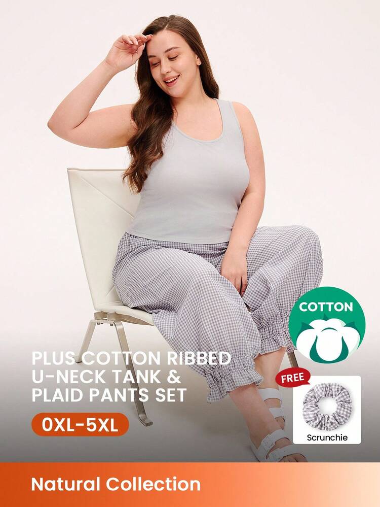 女性用グレータンクトップカジュアルトップス&コットンチェック柄ルームパンツ可愛いパジャマセット ポケット付きパンツ アウターウェアとしても着用可能 家ではくつろげる チェック柄 ティーンガール、若者、子供にも適しています