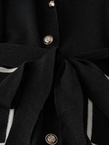 DreamSkyne Cardigan de malha listrado com manga flare e calça de malha plus size feminino, terno casual - Preto - Ver 4