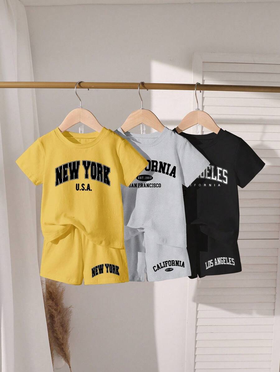 SHEIN Explorewe 6件/套 3件/包 幼儿男孩字母印花校园纽约洛杉矶美国短袖T恤和短裤休闲套装 黄色*1,灰色*1,黑色*1 - 彩色 - 查看 1