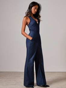 COSMINA 女士优雅挂脖V领牛仔连体裤，适合度假、春夏季 - 藍色 - 查看 5