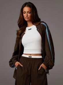 SHEIN X Scot Louie Athîral 女士条纹长袖单排扣休闲宽松棒球夹克棕色夹克女士超大夹克运动夹克女士飞行员夹克女士秋冬棕色运动服 - 咖啡棕 - 查看 5