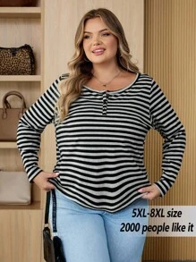 SHEIN CURVE+ Curves 大尺碼條紋休閒長袖上衣，萬聖節上衣，返校季，2026 22W - 彩色 - 查看 6