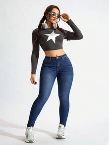 SHEIN ICON 大码休闲水洗深蓝色修身紧身牛仔裤