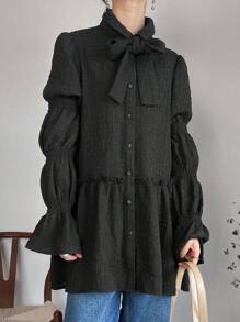 FRIFUL Women's Solid Color Ruffle Sleeve Single-Breasted Loose Casual Shirt Long Sleeve Top - Black - View 4