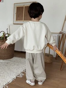 DAZY 2pcs Kids Fall Outfit, Young Boys Cartoon Graphic Fleece Sweatshirt And Striped Loose Casual Pants Set, Autumn, Winter - Apricot - View 7