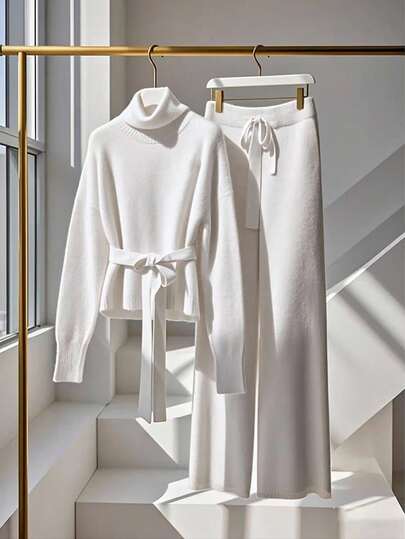 Franclia 2件套女士高端优雅针织毛衣，白色，秋冬