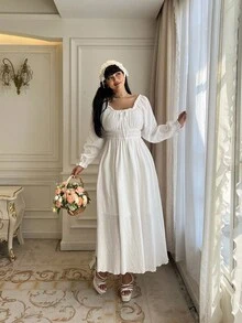 Flirla Đầm dài tay màu trắng thường ngày/công sở cỡ lớn dành cho nữ - trắng - Xem 4