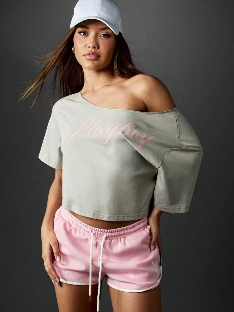 Missguided x Playboy Off Shoulder Cropped Casual Relaxed Fit Short Sleeve Top