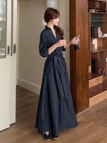 DAZY 2pcs Women's Korean Style Tie-Up Long Sleeve Shirt & Denim Skirt Suit, Spring/Autumn - Blue - View 7