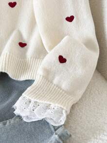 SHEIN Tween Girl Casual   Pullover Sweater, Elegant Embroidered Lace Trim Heart Embroidery Loose Raglan Sleeve Pullover Sweater, Soft Comfortable Thick In Fall/Winter - Apricot - View 5