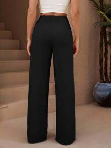 EURMUSE Calça Petite cintura alta, cintura elástica, cordão, perna longa, textura - Preto - Ver 2