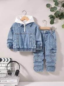 YOUNG BOYS 2-Piece Set: Zip-Up Denim Jacket With Elastic Hem & Cuffs Paired With Loose Cargo Pants, Fashionable Streetwear Style, Suitable For Spring/Summer