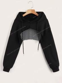 Menodora SHEIN Sport Drop Shoulder Drawstring Hollow Out Super Crop Sports Sweatshirt Without Cami Top Cropped Sweatshirt - Black - View 1
