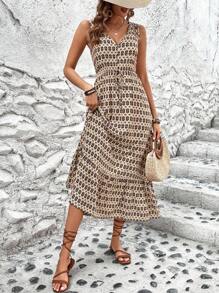 SHEIN Clasi Women's Sleeveless Geometric Print Dress With Ruffled Hemline Maxi Women Outfit - Khaki - View 5