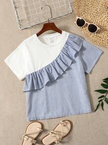 SHEIN Tween Girl Crew Neck Striped Color Block Short Sleeve T-Shirt, Suitable For Summer - Blue and White - View 2