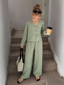 Easowa Tween Girl Bow Front Drop Shoulder Top & Wide Leg Pants - Green - View 1