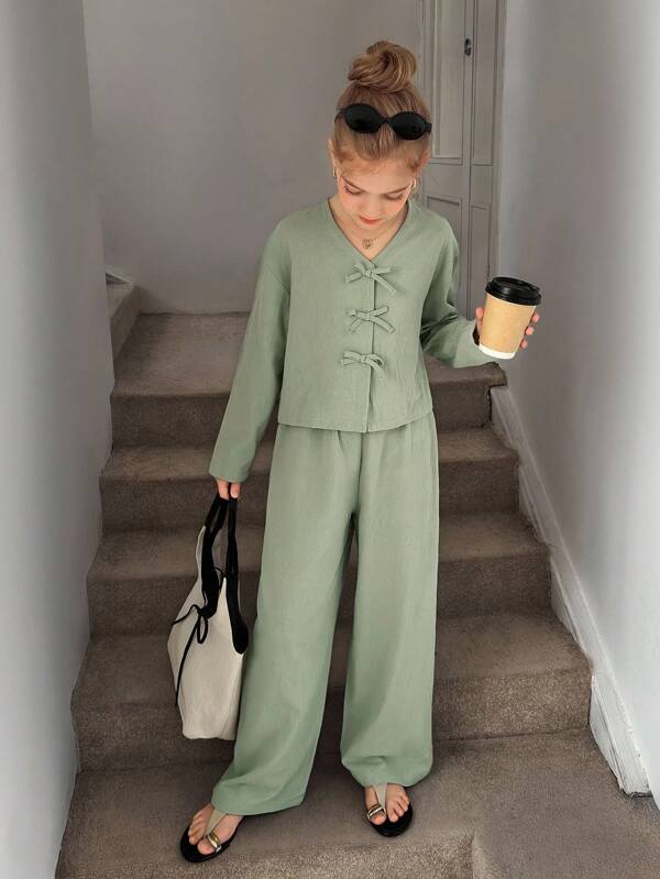 Easowa Tween Girl Bow Front Drop Shoulder Top & Wide Leg Pants