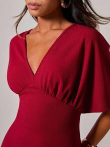 COSMINA Đầm ngắn tay cánh dơi cổ chữ V màu trơn gợi cảm thời trang cho nữ - Đỏ - Xem 6