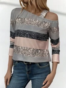 SHEIN LUNE Elegant Casual Faux Foil Graphic Print Oblique Shoulder Long Sleeve Loose Crew Neck Women Top T-Shirt Fall Cloth For Women - Multicolor - View 3