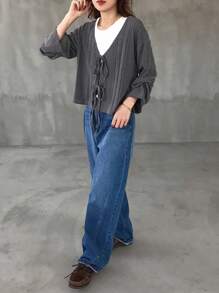 FRIFUL Women's Casual Solid Color Lace-Up Long Sleeve T-Shirt, Spring/Autumn Tie Front Sweater Gray Sweater Knit Top Ribbed Sweater Knitwear