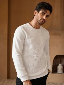 HIMLAND Men's Elastic Casual Knit Floral Lace Trim Crew Neck Pullover Sweatshirt, For Fall Winter