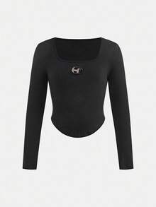 SHEIN 2pcs/Set Tween Girl Street Casual Tight Asymmetrical Hem U-Neck Long Sleeve Rhinestone Decor T-Shirt And Vintage Minimalist Casual Pants Outfit - Black - View 9