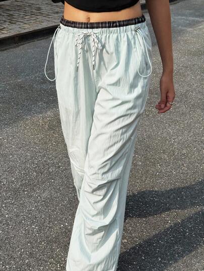 Jouncy 女式休闲格子拼接抽绳腰长裤