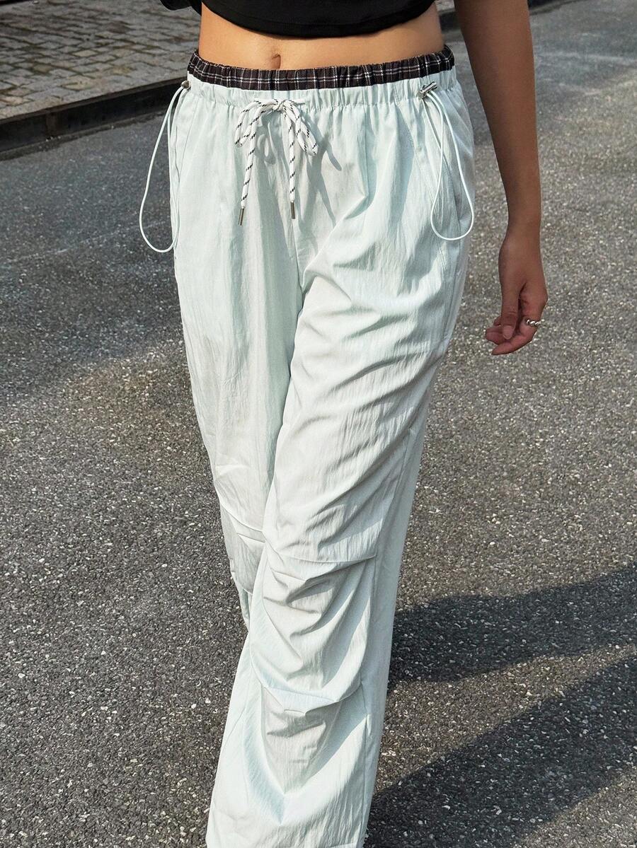 Jouncy Damen Lässig Karomuster Patchwork Hose mit Kordelzug Taille