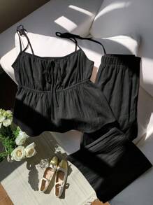 SHEIN EZwear 2件套大码女式休闲黑色细肩带上衣和宽松裤子套装 - 黑色 - 查看 4