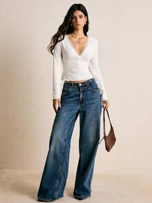 Poéselle Áo thun nữ dáng ôm, màu trơn, viền ren, chất liệu mềm mại, thanh lịch, thích hợp mặc mùa thu, mùa đông, phong cách công sở, cổ điển, sang trọng, phù hợp mùa thu và mùa đông. - Màu be - Xem 2