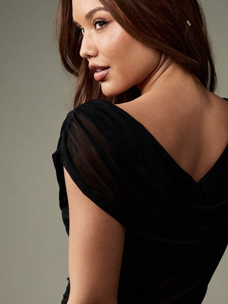 MISSGUIDED Netzoberteil mit Wasserfallausschnitt und drapiertem Detail